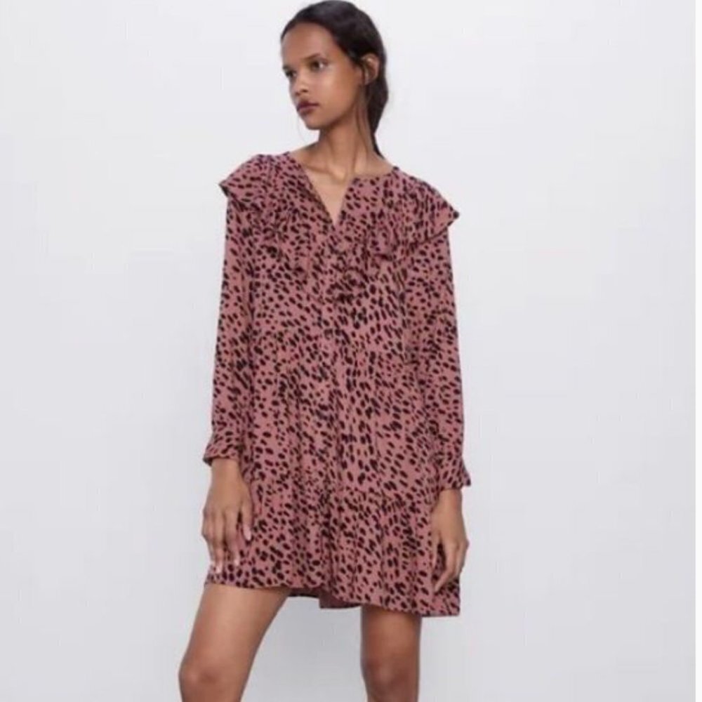 Zara Animal Print Button Up Tiered Ruffle Long Sleeve Mini Swing Dress XS